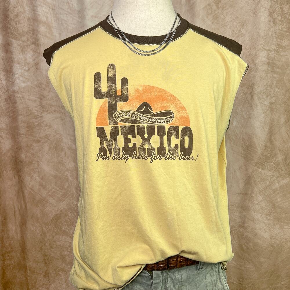 Vintage Y2K Mexico T-Shirt Sleeveless Raglan Yellow Cactus Sombrero Summer Rodeo